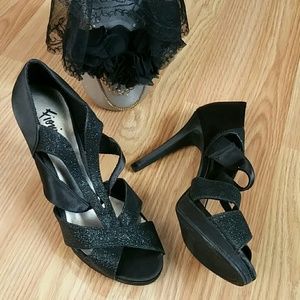 FIONI Night Black Shimmer Satin Heels